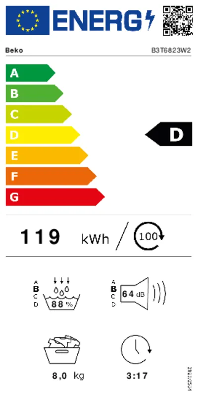 Beko B3T6823W2 energielabel