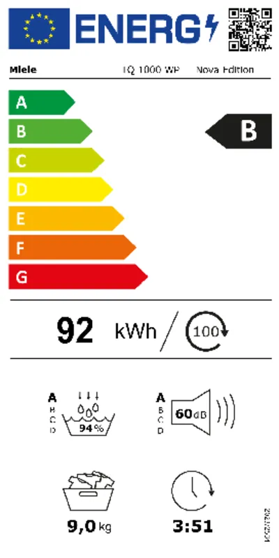 Miele TQ 1000 WP Excellence EcoSpeed & Wash2Dry & SteamFinish energielabel