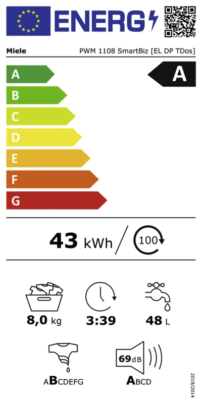 Miele PWM1108 DP NL LW TDos SmartBiz energielabel